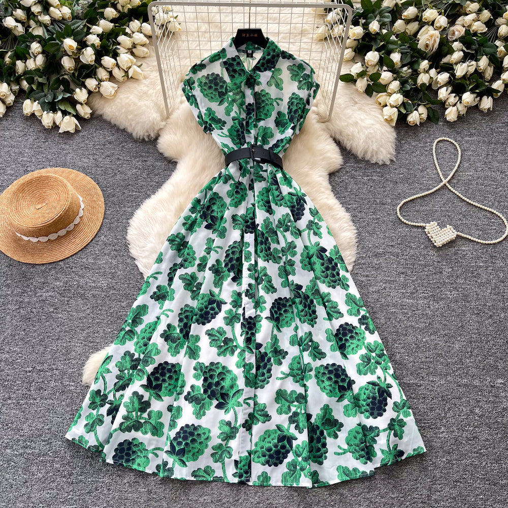 French chic vintage print sleeveless midi dress - summer, slim fit, flattering, and elegant