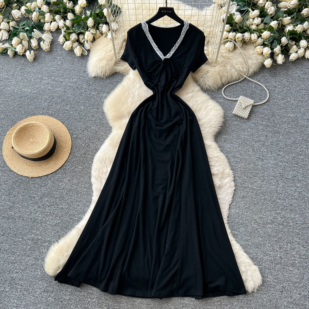 Frenchv necktie back lazy feeling dress women's summer waist slimming lookelegant a-shaped long skirtwork clothing outfit