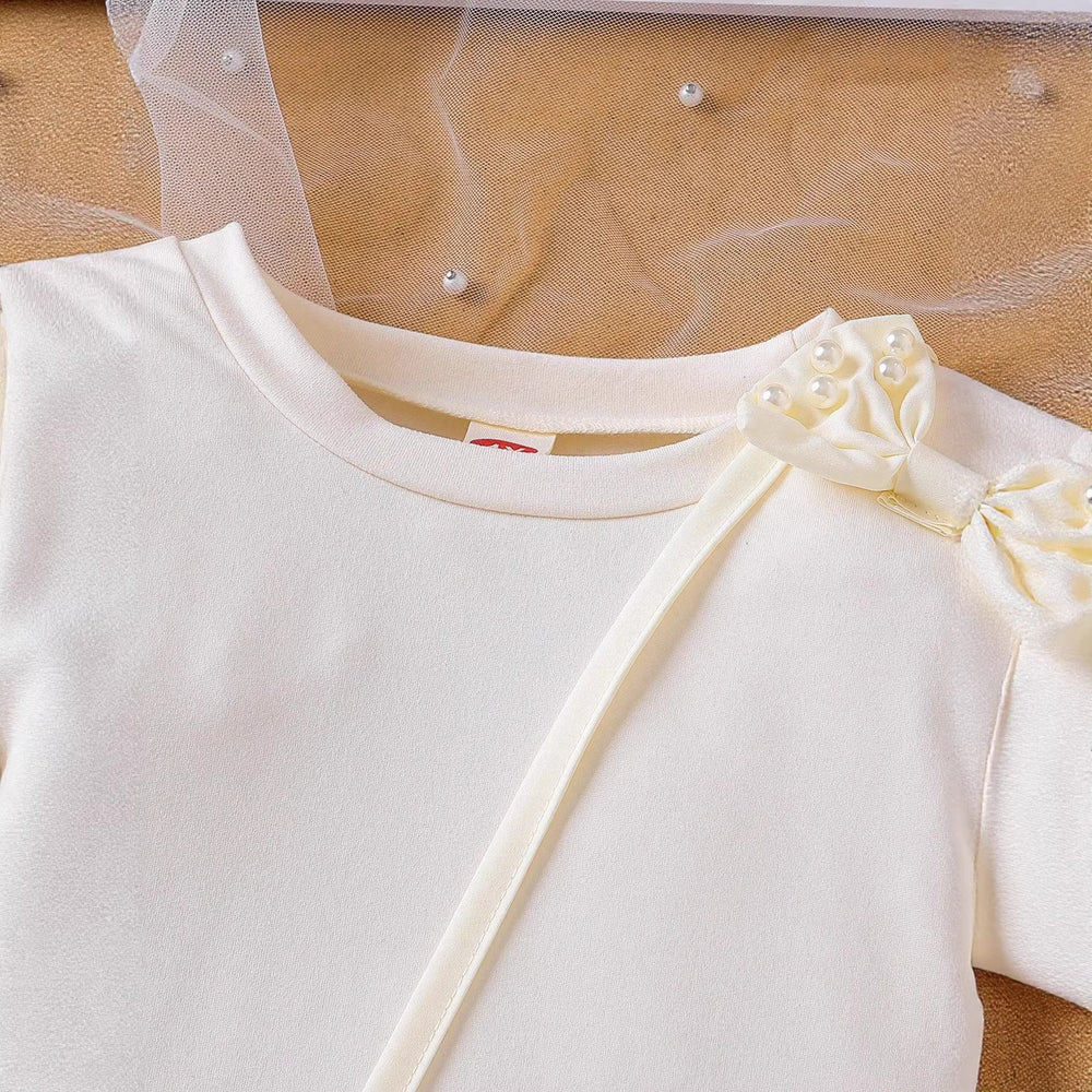 Hot-selling new princess dress for 's international market: solid color, round neck, beaded puff sleeve dress with bow