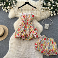 Vacation style floral suspender silm two-piece set for women summerwork clothing style waist-tight bud skirt petitessuit