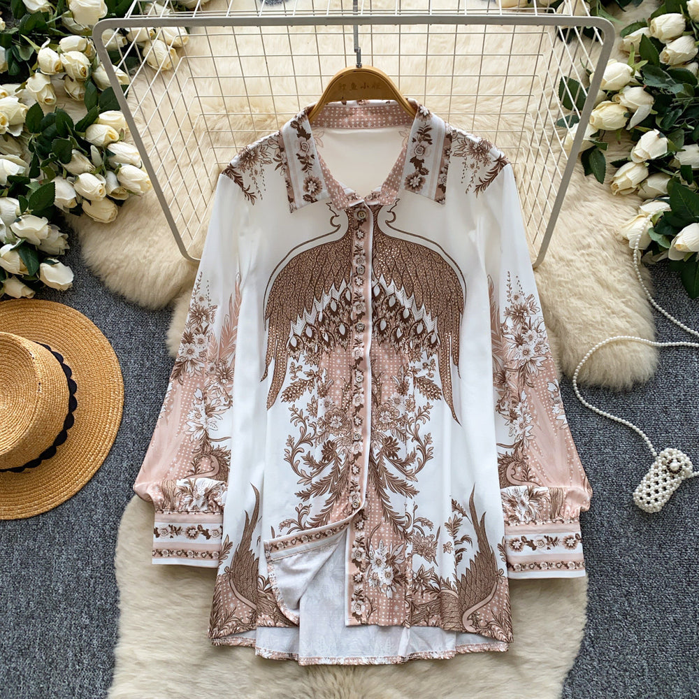 K-stylework clothing styleretroprintinglong sleevesshirt women's springloosecardigan lapel single-breasted fashiontops