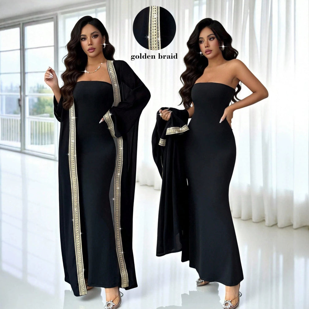 Amazon cross-border fashion: gold-trimmed cardigan + bandeau dress elegant formal set