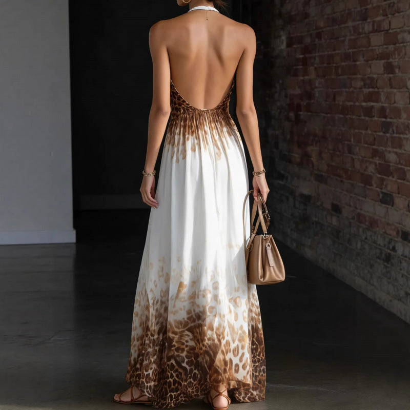 Amazon european style elegant casual leopard print halter sleeveless summer dress - new arrival
