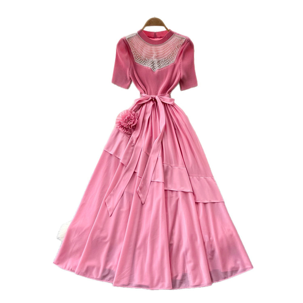 Qianjinfeng heavy industry beading asymmetrical dress women's green mesh patchwork waist slimming look a-line elegant long skirt