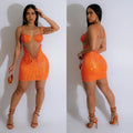 C6768 cross-border   fashion women's solid color mesh rhinestone suspender mini dress