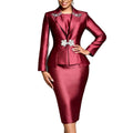 New arrivalelegancesatin skirt suit vertical embossed large lapel silm beaded outwear hip covering two-piece set
