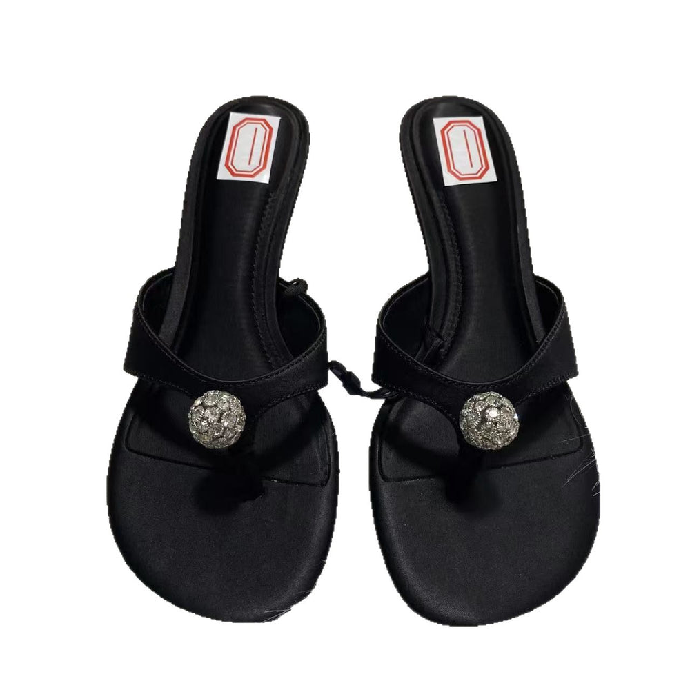 Za2025summer herringbone sandals round toe rhinestone low heel sandals women's fashion style daily sandals women's outwear