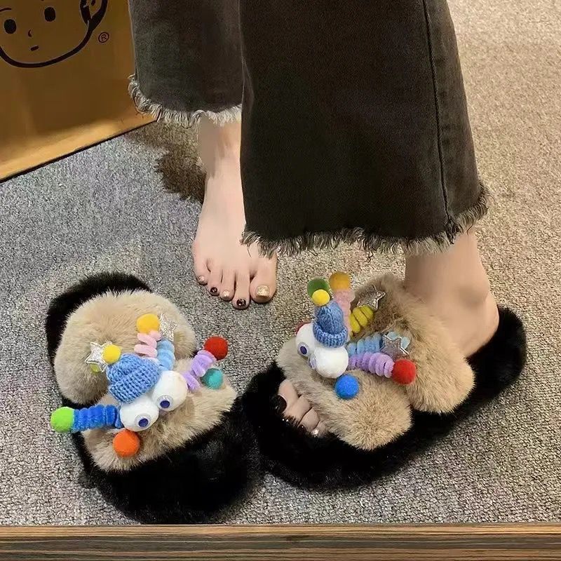 Fuzzy slippers women's outerwear 2025 new korean style ins trendy shoes autumn and winter one-strap thick-soled cotton slippers spring and summer