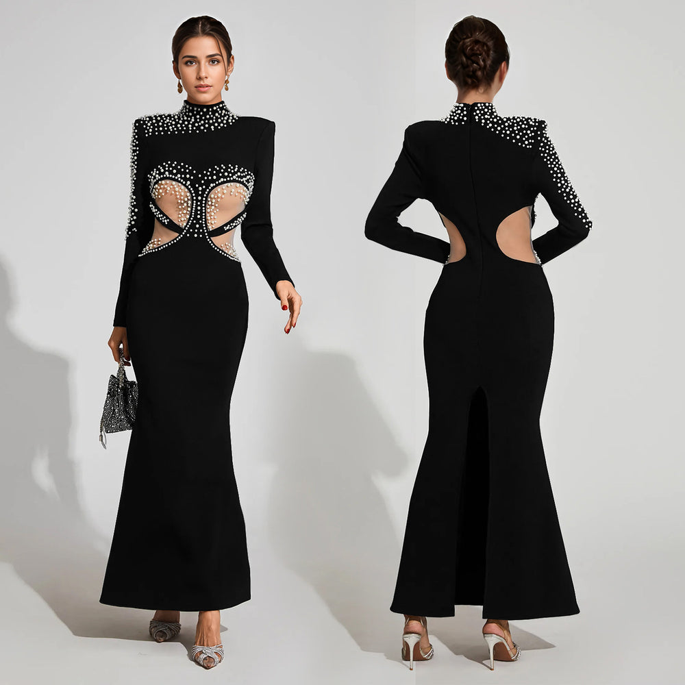 C7256 cross-border   fashion women's heavy beaded cutout mermaid evening gown