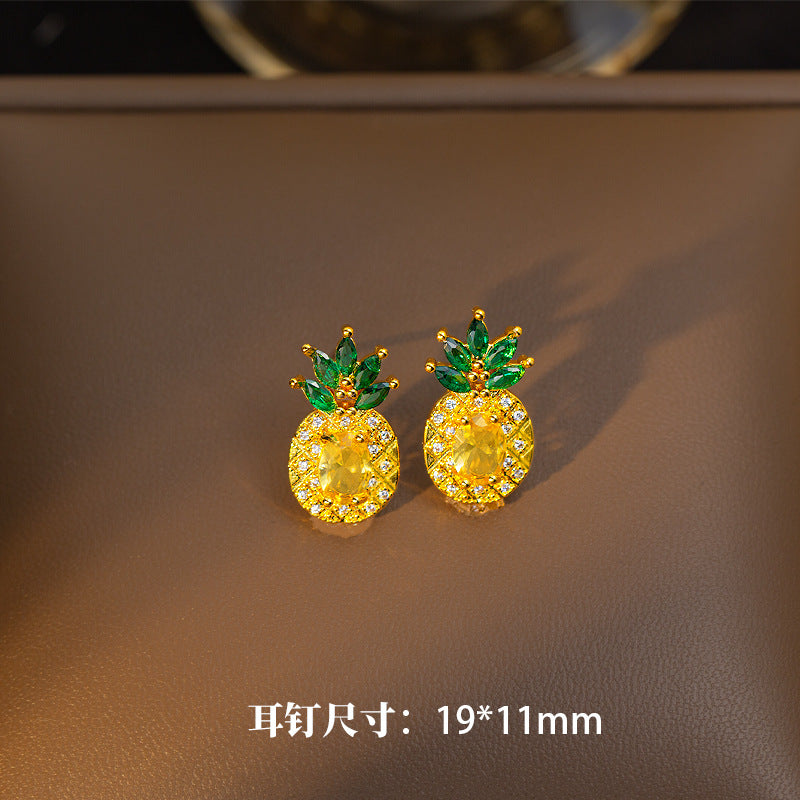 Titanium steel necklace women's new fanta stone yellow diamond pineapple creative fruit green diamond earrings open ring set accessories