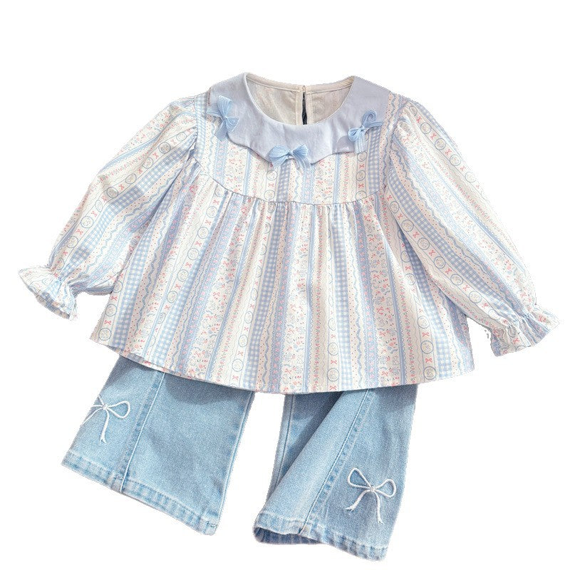 Spring new girls' bowknot lace collar long-sleeve shirt, baby girl blouse, stylish children's top, kids' clothing