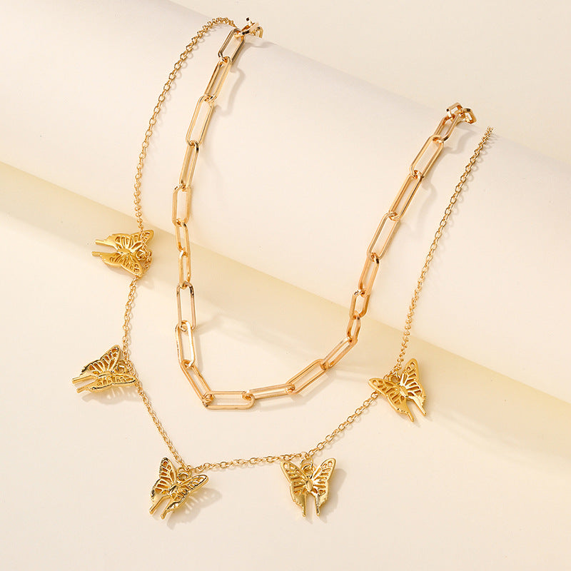 Wholesale alloy butterfly chunky chain pendant necklace - fashionable, unique, and stackable double-layer necklace for cross-border e-commerce on amazon (us & europe)