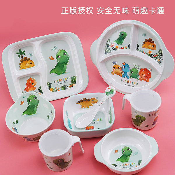 Wuhe little dinosaur children's rice bowl cartoon water cup melamine anti-scalding tableware grid plate complementary food bowl spoon wholesale