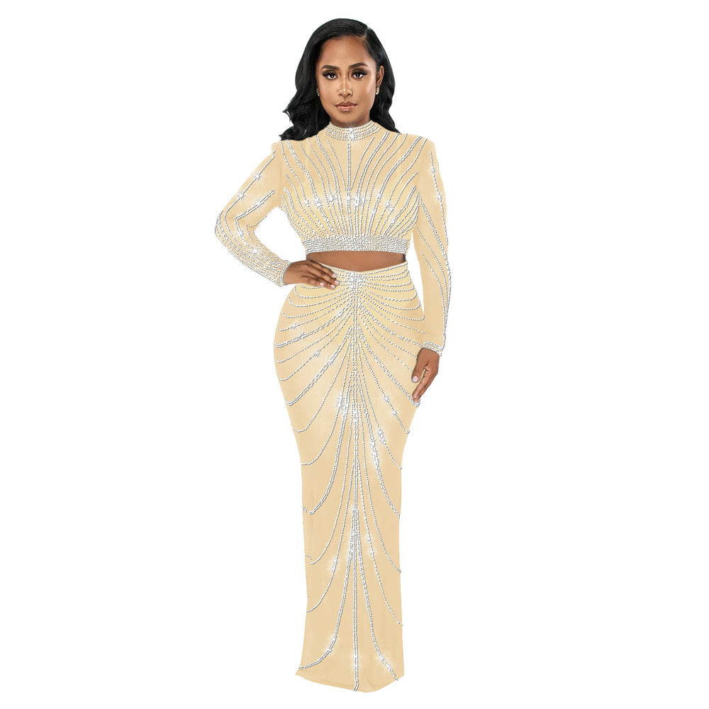 C6028 cross-border   fashion women's mesh rhinestone see-through long sleeve maxi dress two-piece set