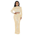 C6028 cross-border   fashion women's mesh rhinestone see-through long sleeve maxi dress two-piece set