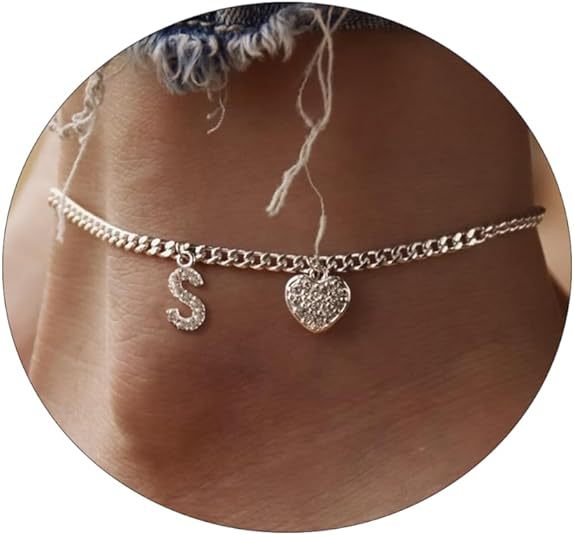 Amazon exquisite silver initial anklet - minimalist personalized letter anklet with cz heart cuban chain