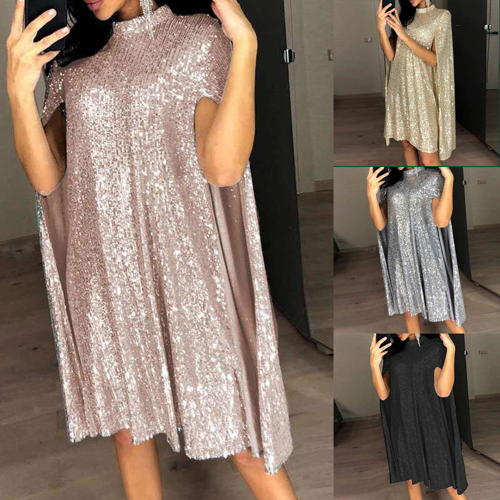 spring new    european and american foreign trade small stand collar sequin dress loose women's clothing