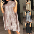 spring new    european and american foreign trade small stand collar sequin dress loose women's clothing