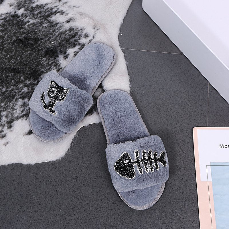 Cartoon cotton slippers women's winter home indoor 2024 new warm cute plush floor slippers household cotton slippers women