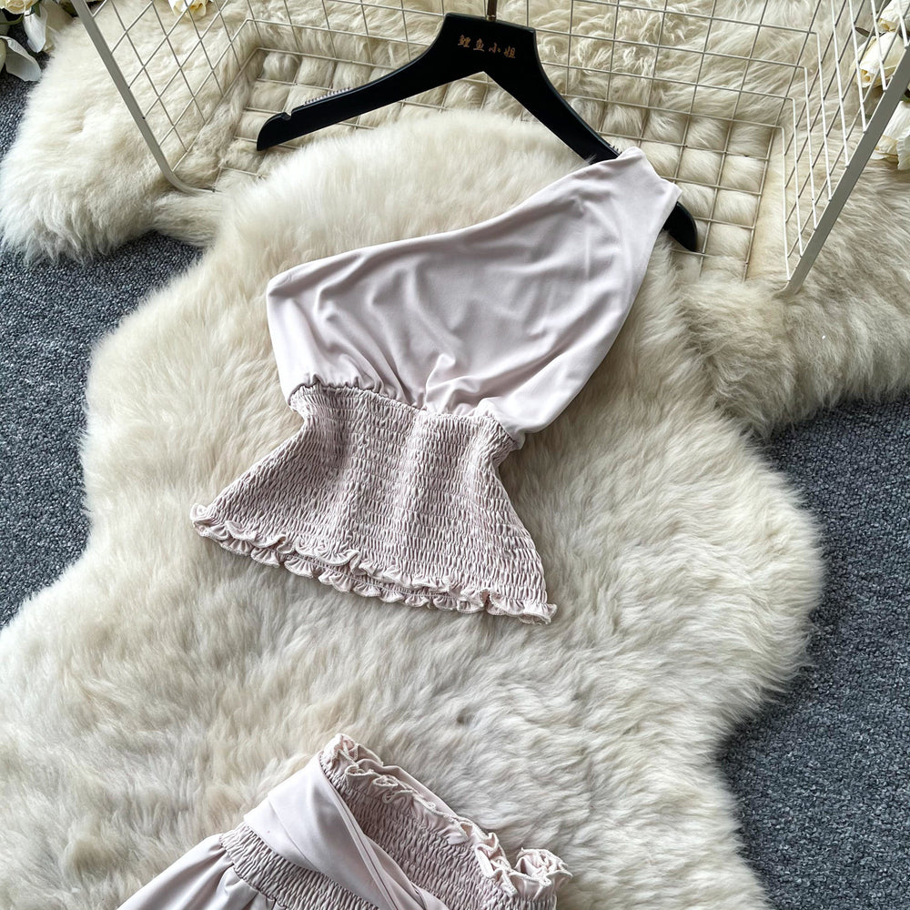 Vacation style halterbacklessbowstwo-piece set women's summer romantichigh waistslimming lookelegantfashionsuit