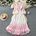 French chic floral slim-fit dress - women's long sleeve v-neck high waist a-line romantique pink plus size maxi dress