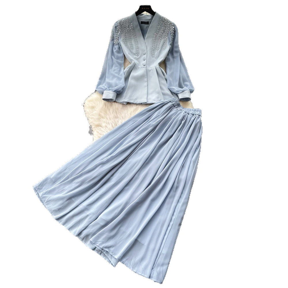 French chic v-neck embroidered jacket & high-waisted pleated skirt two-piece set - autumn , effortless luxury & elegant style