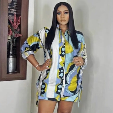 European and American large size fashion lapel print long-sleeved cardigan shirt African foreign style women's loose casual shorts set