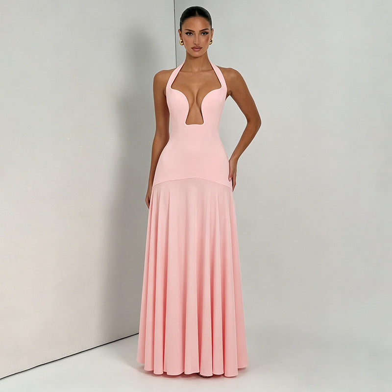 Amazon summer  new women's elegant solid color halter neck low-cut sexy patchwork backless evening dress