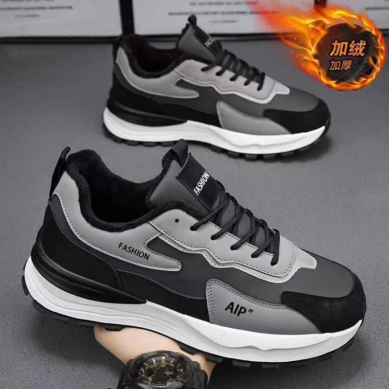 Men's sneakers 2024 new winter casual shoes leather waterproof non-slip work shoes trendy plus velvet warm cotton shoes
