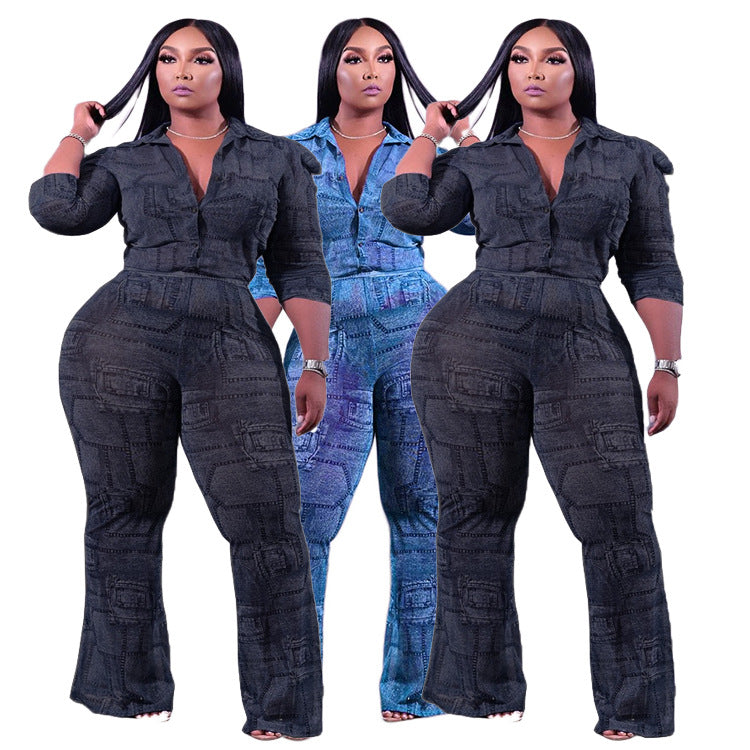 Plus size women's fashion: european & american style, cross-border , independent website, casual chic, faux denim patchwork long sleeve shirt two-piece set