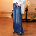 European and american style women's washed high-waisted button-front slit wide-leg jeans - long, button-down denim wide-leg pants