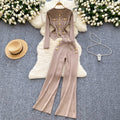 Classy small fragrant metal buckle round neck silmeasiest for matchlong sleevesknitting shirt women's high waistcasual pantstwo-piece set