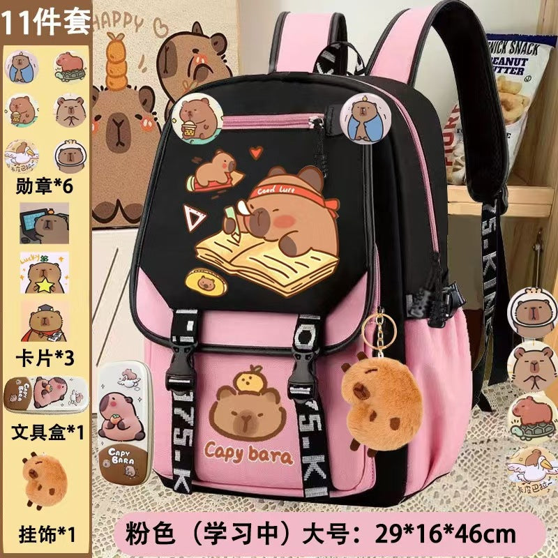 export cartoon capybara backpack - large capacity school bag for middle and elementary school girls - cute capybara backpack
