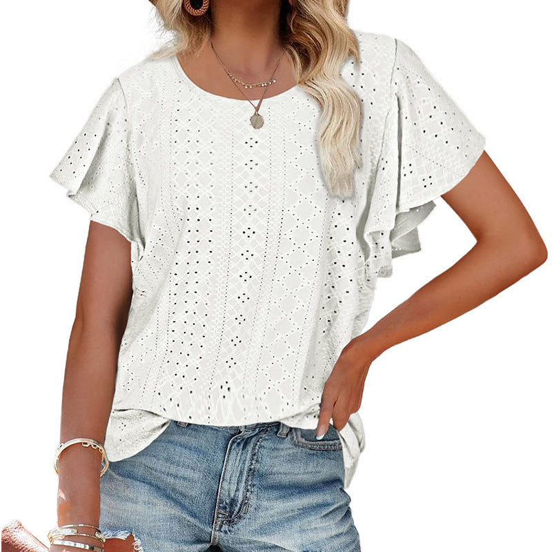 summer new arrival: cross-border european & american women's apparel -  style ladies' top - cutout waist, ruffle sleeve, casual t-shirt