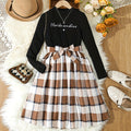 Export kids skirt k-stylelong sleevesfake two-pieceletterprintingpatchwork skirtplaid skirtspringgirldress