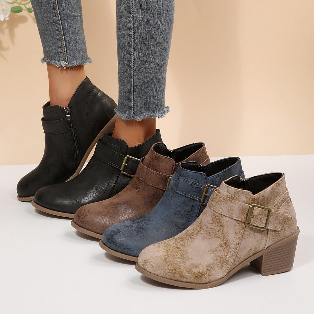 Plus size leather belted mid-heel ankle boots -  autumn new collection - pointed toe, side zipper, chunky heel, retro martin boots for women