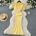 Korean style knitted hollow-out breathable dress - women's summer short sleeve, slim fit a-line maxi dress - mature & elegant style for work and casual wear