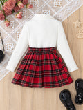 autumn cross-border girls' preppy bow top + plaid a-line skirt two-piece set