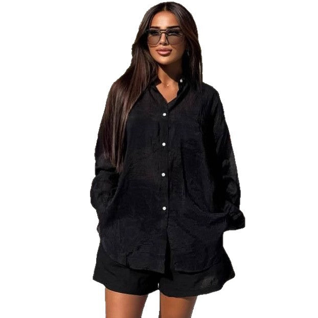 European and American large size solid color long-sleeved cardigan lapel shirt women's African casual temperament shorts loose new two-piece set