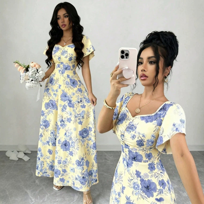 Fashion cross-border  french printingdress low collar chest pleated design short flying sleeves high waist long