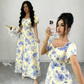 Fashion cross-border  french printingdress low collar chest pleated design short flying sleeves high waist long