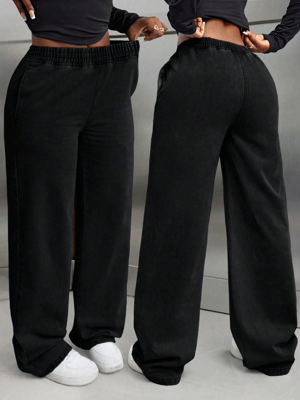 Fashionjeans women's distressed washed elastic waiststraight-legcasualjeansfashion style lazy wide leg pants