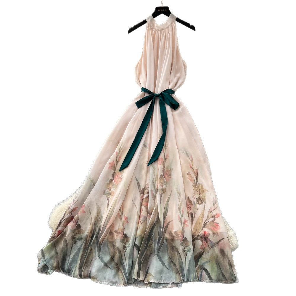 French riviera style halter sleeveless dress - women's summer cinched waist slimming tiered ruffle cake dress
