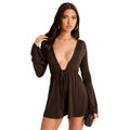 European and american export women's clothing  summer new solid color deep v long sleeve belted ruched sexy shorts jumpsuit