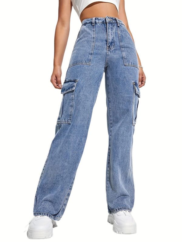 Y2K style, European and American  women's tooling multi-bag straight denim trousers