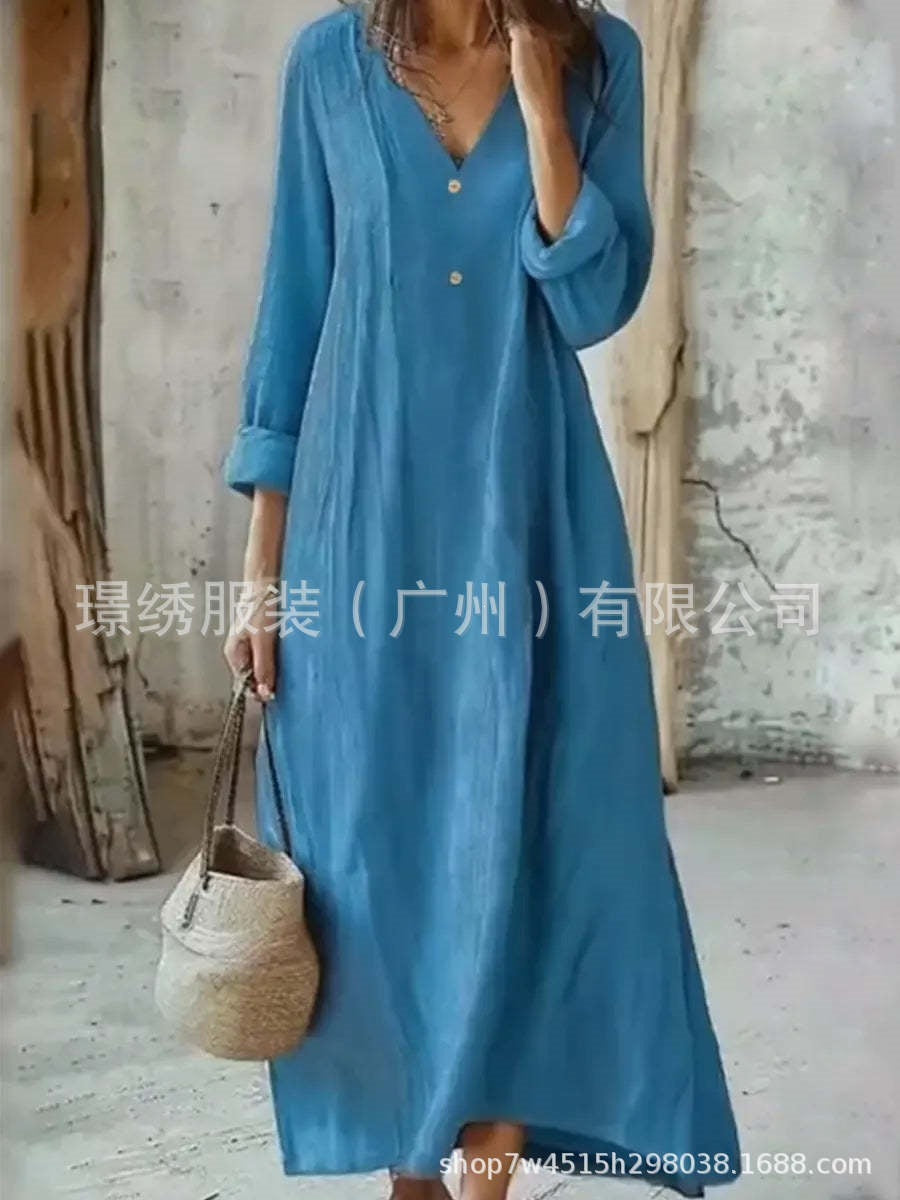 New arrival: cross-border  women's cotton linen v-neck maxi dress - fashionable, casual, long sleeve, button-down, loose fit