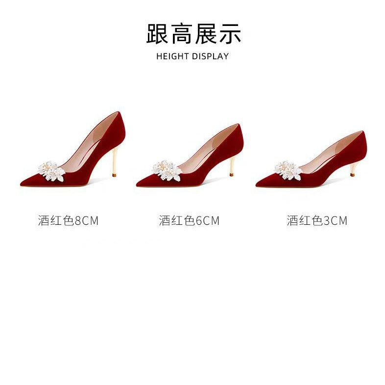 2024 spring/autumn new women's pointed-toe stiletto heels, beaded suede sweet formal party dress shoes, elegant wedding shoes for women