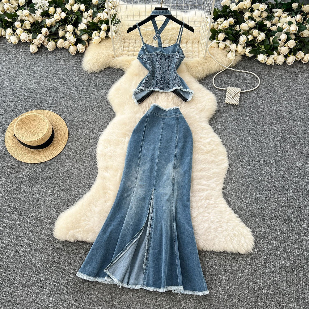 Pure desire hot girl suit women's summer american style silmasymmetrical tassel suspender denim tops + mermaid skirt