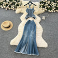 Pure desire hot girl suit women's summer american style silmasymmetrical tassel suspender denim tops + mermaid skirt
