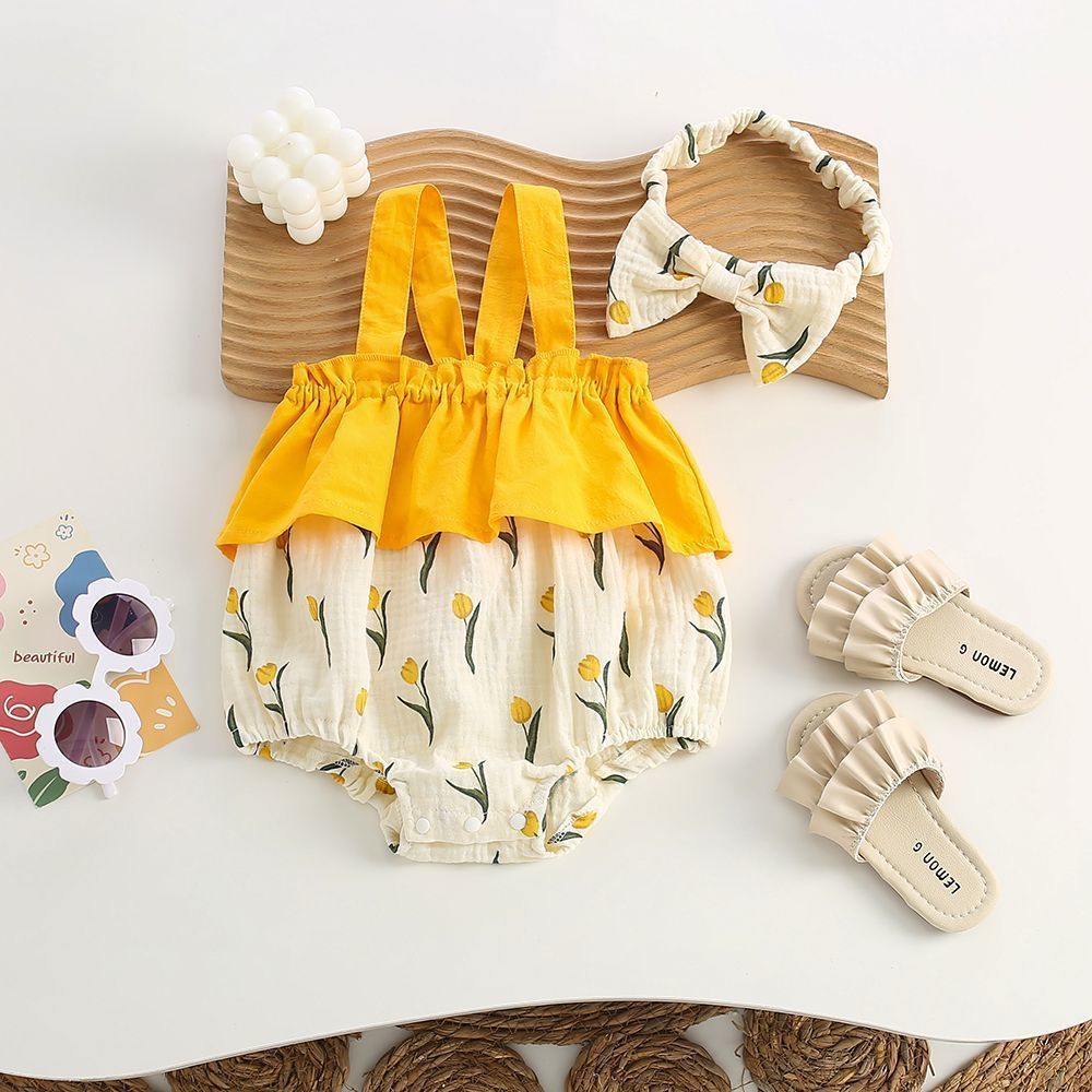 Baby summer romper: stylish tulip print triangle bib overalls for baby girls
